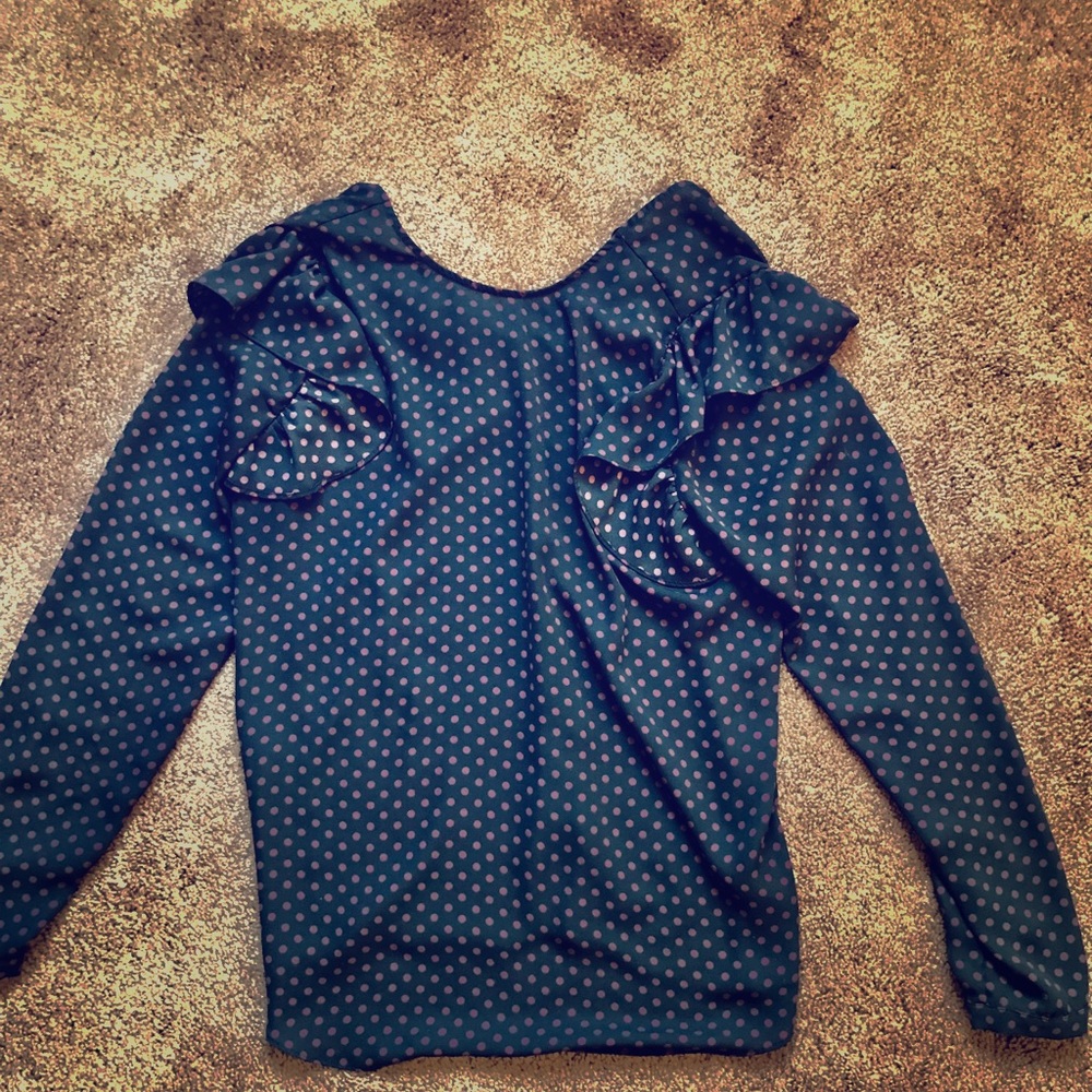 Long sleeved ruffle black & pink polka dot blouse